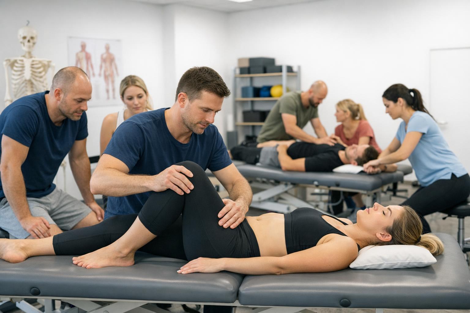 Zdjęcie: uczestnicy kursu fizjoterapii podczas praktycznych zajęć w sali szkoleniowej