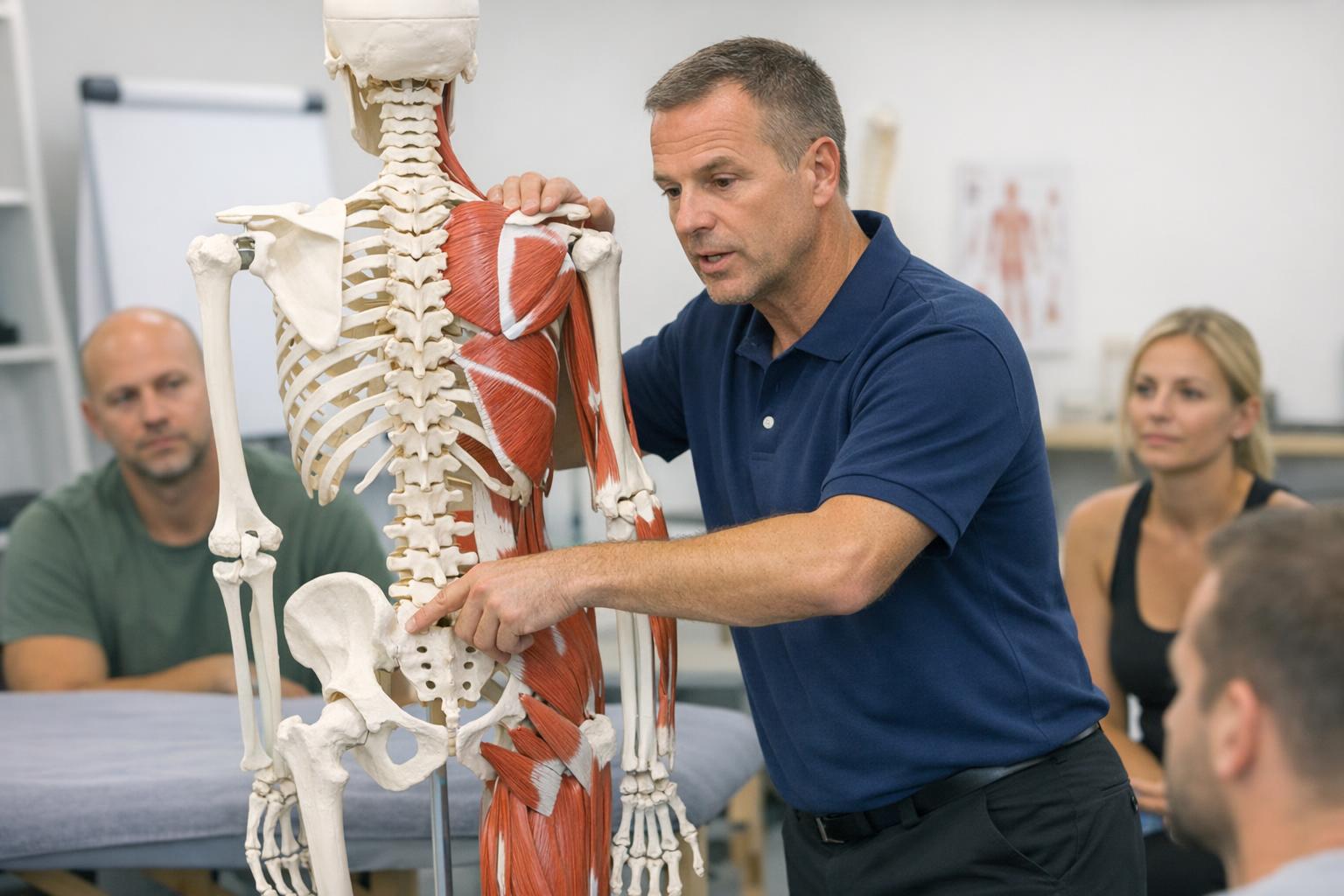 Zdjęcie: instruktor pokazuje technikę terapeutyczną na modelu anatomicznym podczas kursu