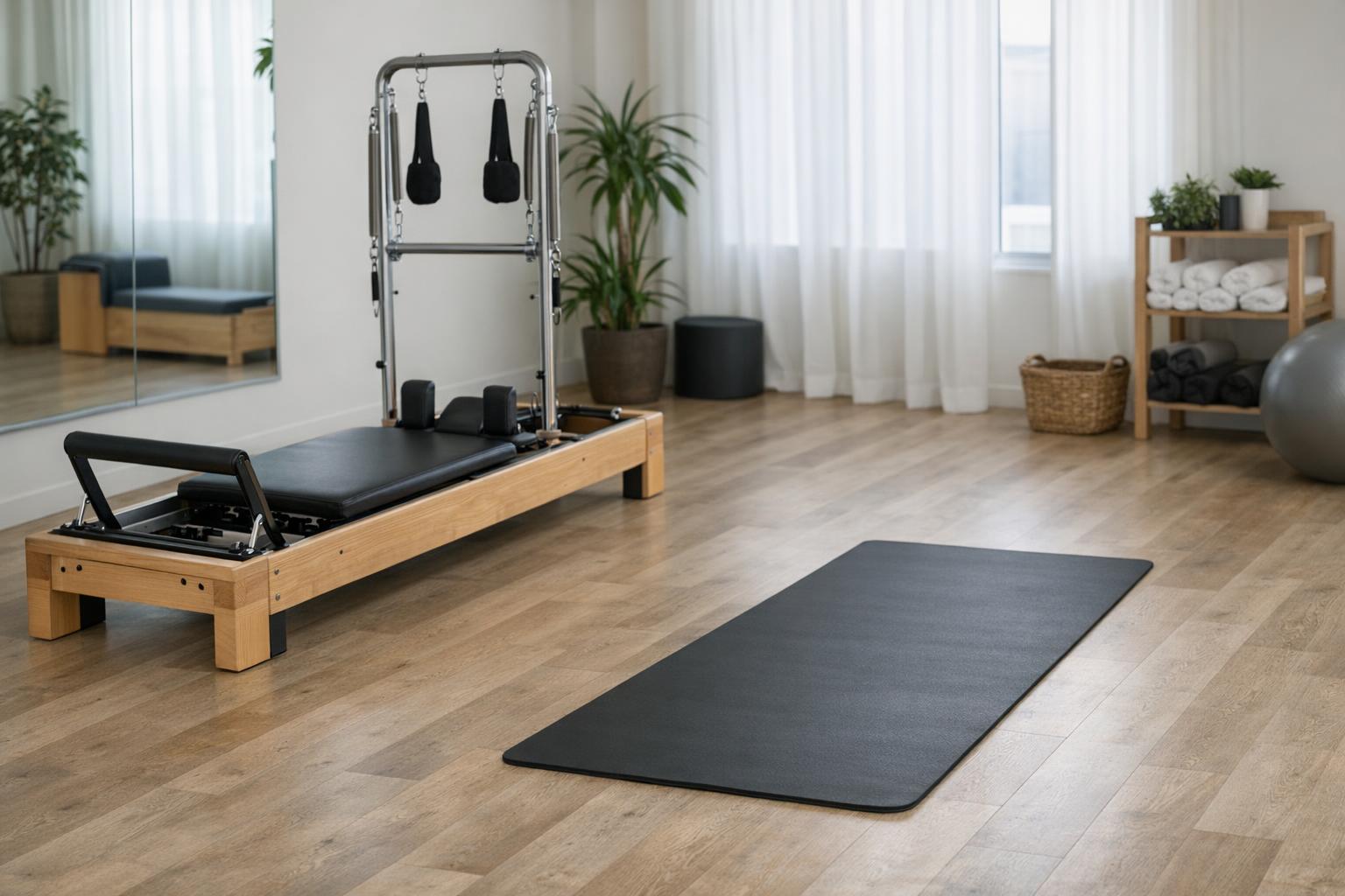sprzęt pilates reformer i mata w studio