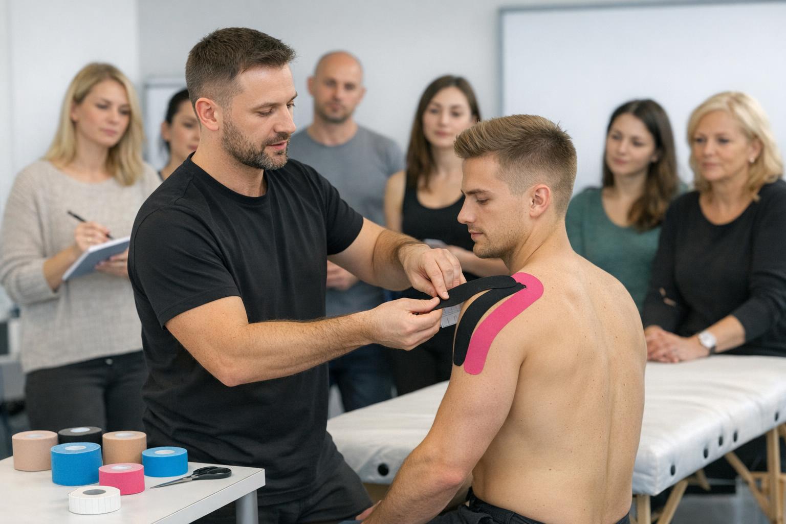 Zdjęcie szkolenia praktycznego - instruktor pokazuje aplikację taśmy na modelu