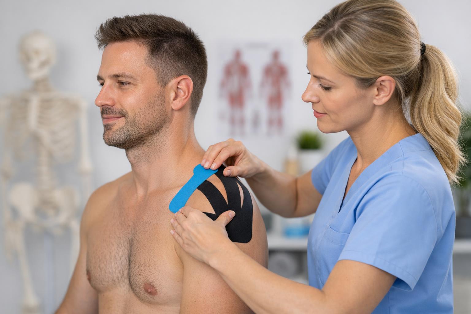 Fizjoterapeuta nakłada taśmy kinesiotaping na bark pacjenta